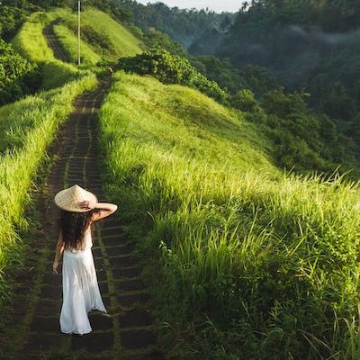 Woman walking on Campuhan Ridge way of artists, in Bali, Ubud. Beautiful calm sunny morning.