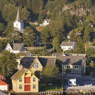 Norway traditional norwegian fjord village with harbor