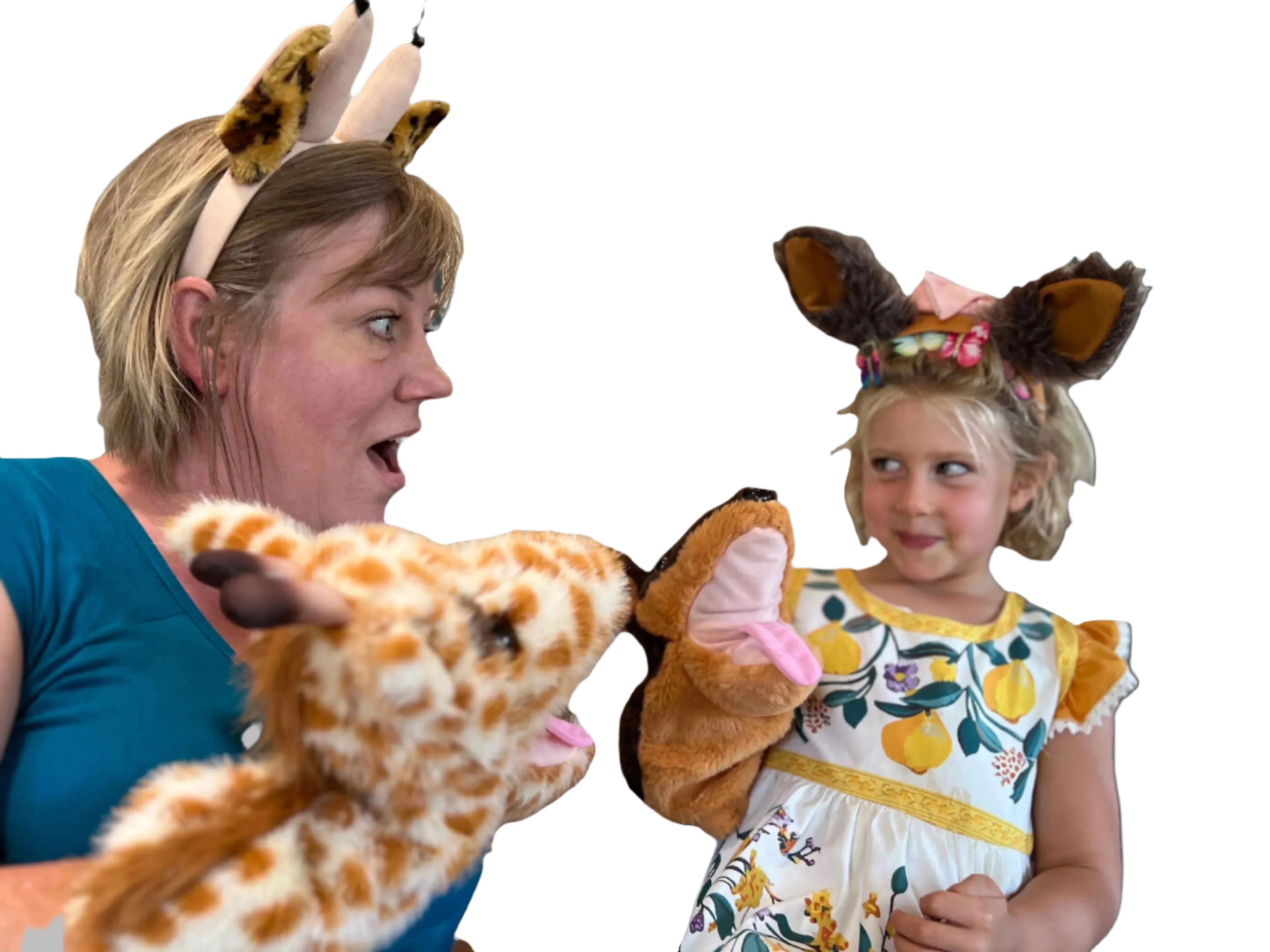 Parent and Child wearing Giraffe & Jackal Puppets & Headbands_photo